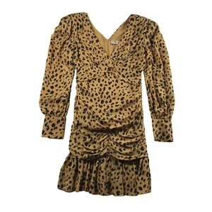 Nicholas Leopard Print Ruched Mini Dress Tan Black V-Neck Puff Sleeve Size 2